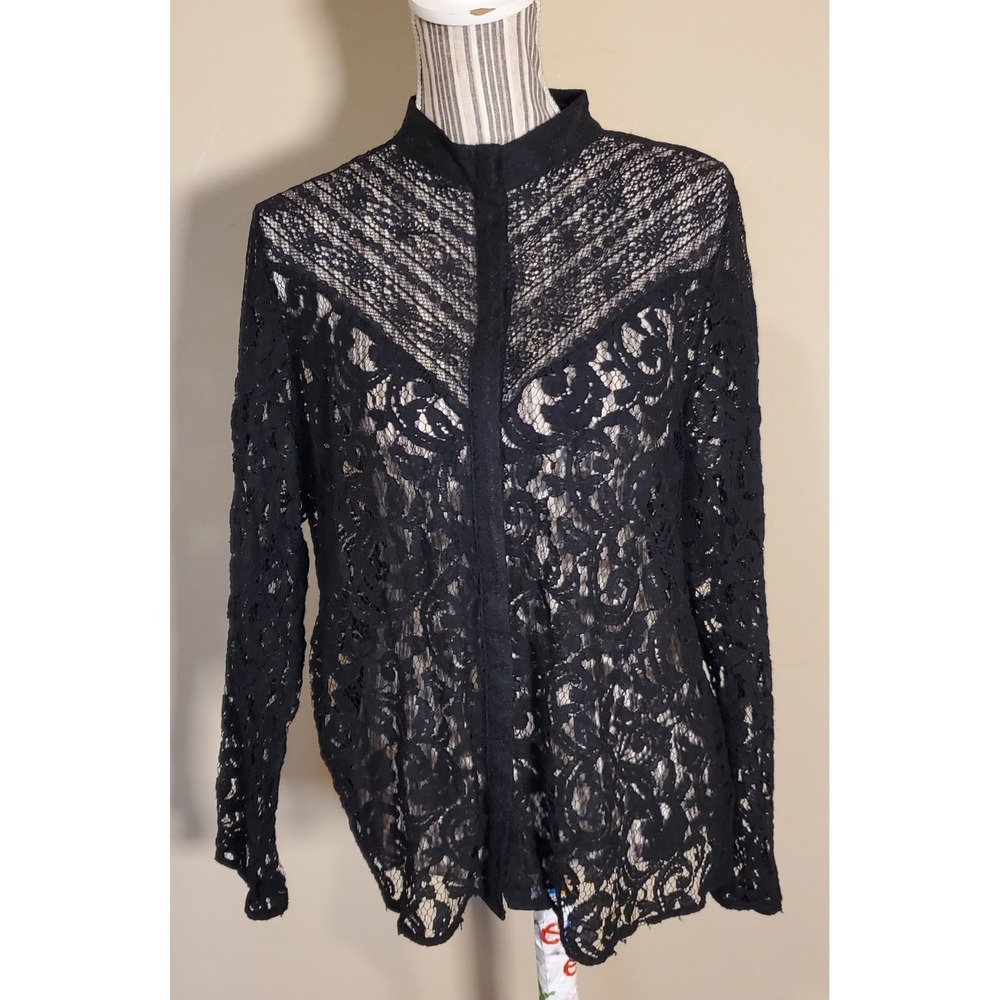 Worthington Black Floral Lace Mock Neck Button Down Blouse XL Sheer Long Sleeve